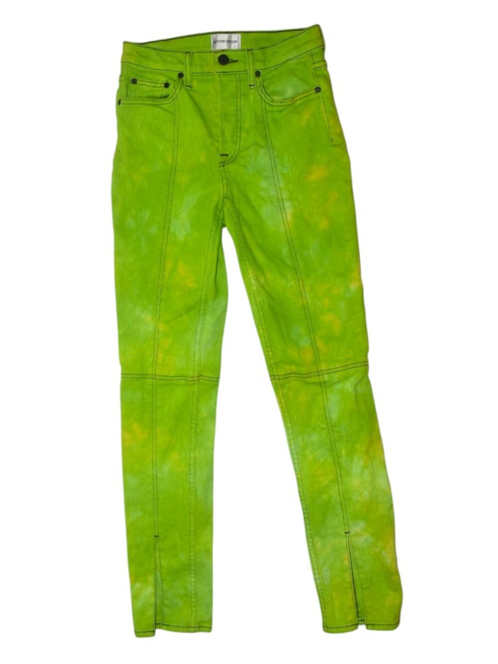 Cotton Citizen Neon Green Tie Dye Skinny Jeans 25 Made USA Front Slit Stretch